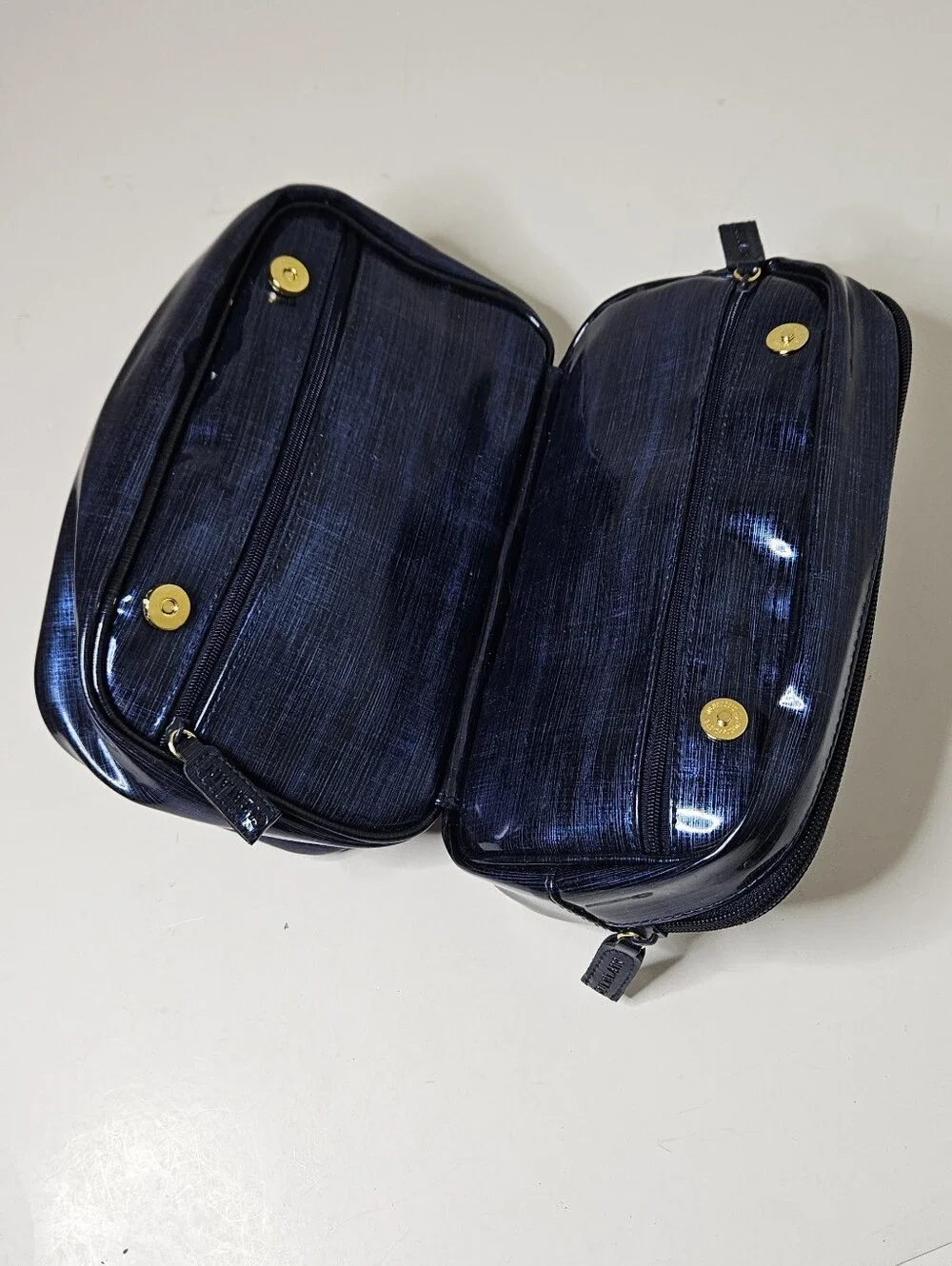 Guerlain Vinyl Cosmetic Bag Blue Glossy Exterior Bifold Zipper Pockets Orange